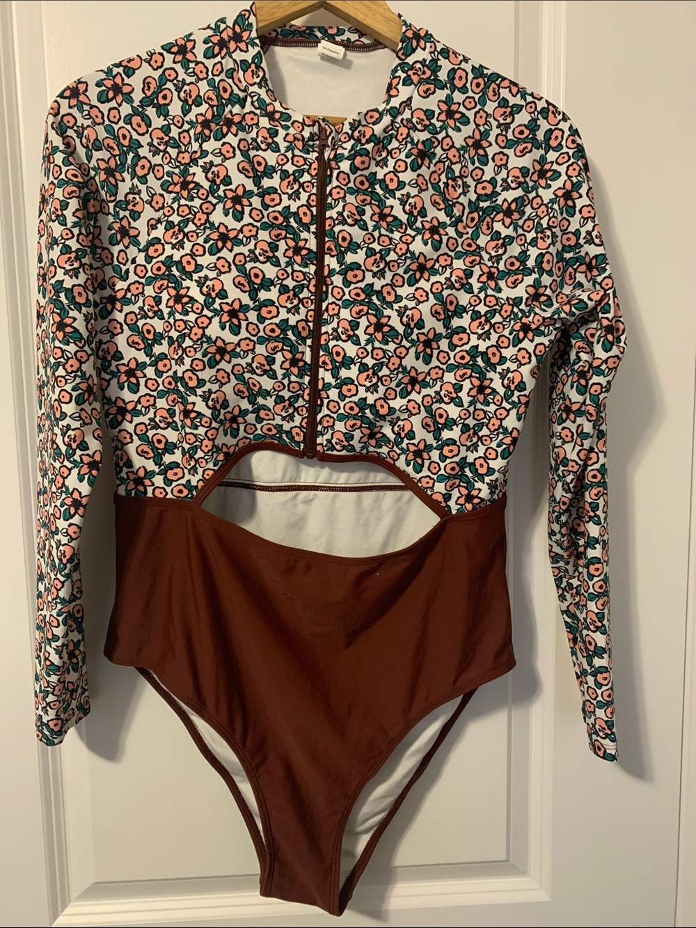 Long-Sleeve Floral & Rust Cutout One-Piece Swimsuit